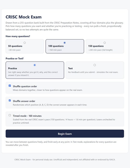CRISC Mock Exam setup screen: choose 50, 100, or 150 questions, Practice or Test mode, and shuffle and timing options