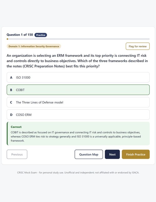 Practice question example showing a correct answer with a full explanation referencing the CRISC Preparation Notes