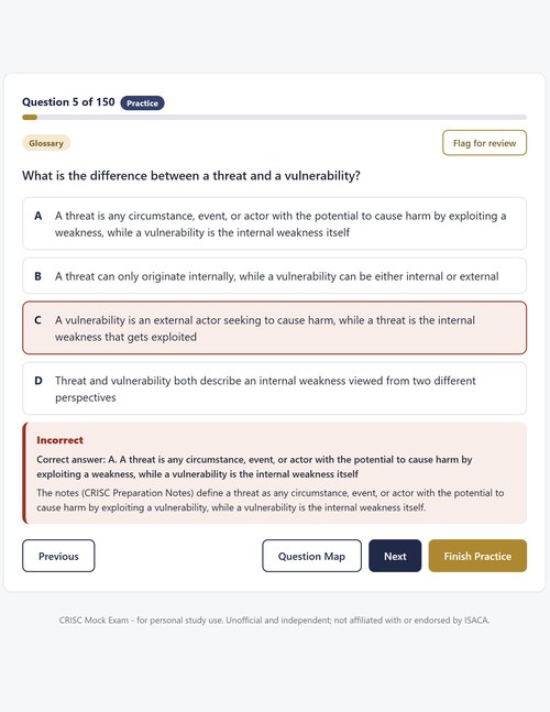 Practice question example showing an incorrect answer, the correct answer, and a full explanation