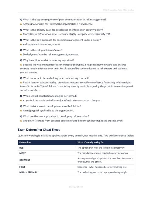 Study notes sample page - rapid review Q&A and exam determiner cheat sheet